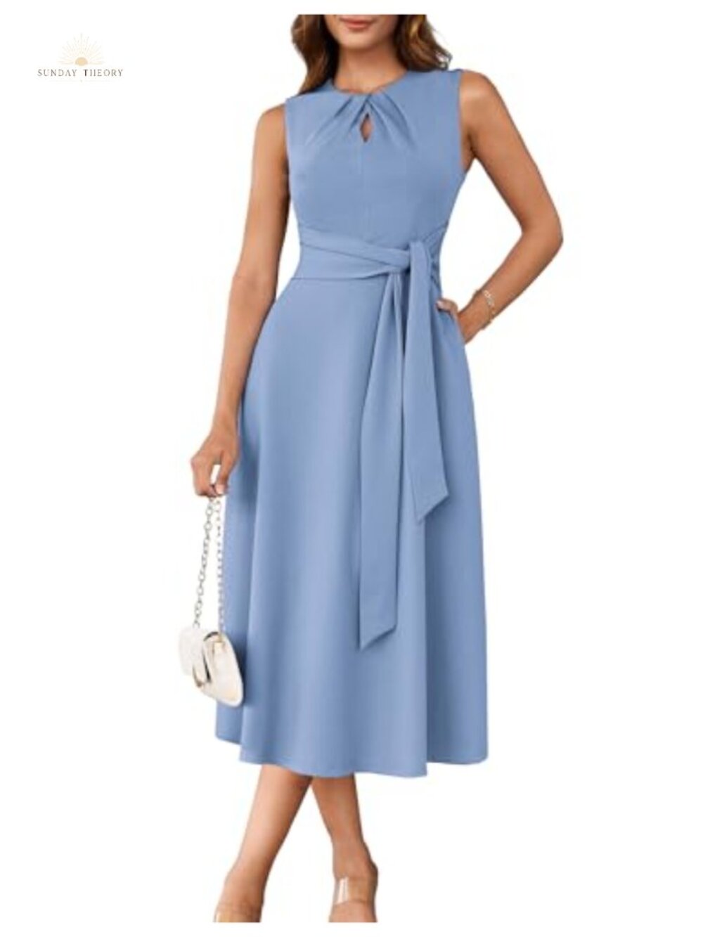 Elegant Midi Dress Sleeveless Fit Flare Pockets Wedding Guest Cocktail